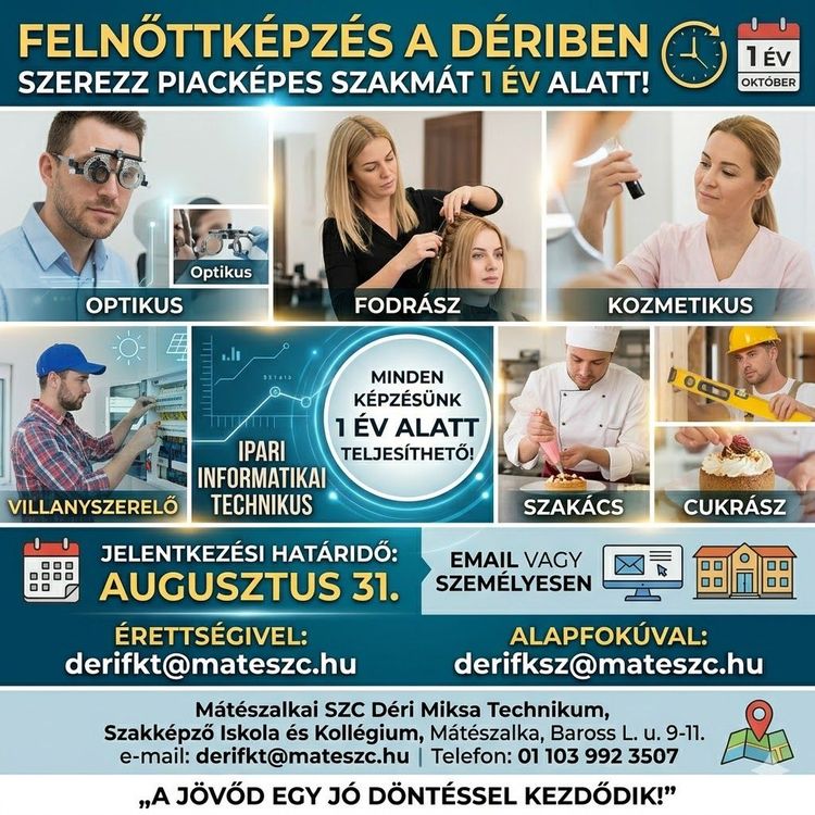 FELNŐTTKÉPZÉS A DÉRIBEN - SZEREZZ PIACKÉPES SZAKMÁT 1 ÉV ALATT!