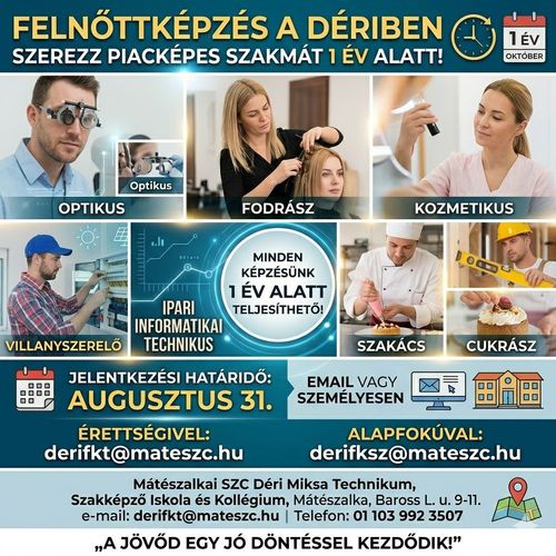 FELNŐTTKÉPZÉS A DÉRIBEN - SZEREZZ PIACKÉPES SZAKMÁT 1 ÉV ALATT!